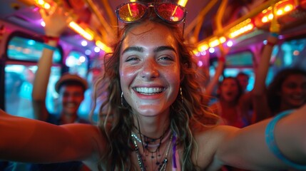 Happy woman taking a selfie on a bus with friends and colorful lights, sharing the festive spirit