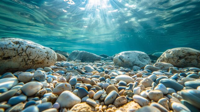 Smooth rocks and underwater light reflection, river stone texture background. Texture/background concept. Smooth rocks on a sunny river, 4k HD wallpaper, background, generated by AI
