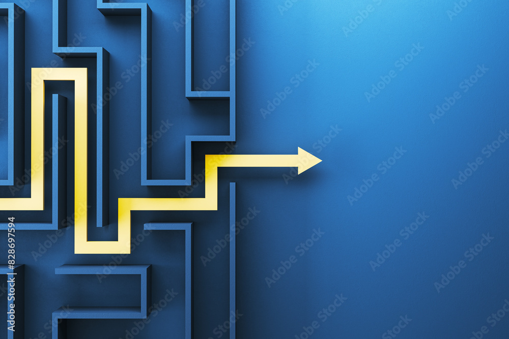 Aufkleber A labyrinth maze with a glowing yellow path on a blue background suggesting a concept of problem solving. 3D Rendering