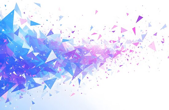 Abstract polygonal background with flying blue triangles and pink particles on a white backdrop