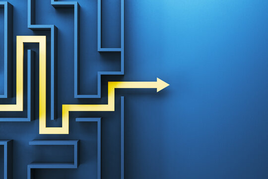 A labyrinth maze with a glowing yellow path on a blue background suggesting a concept of problem solving. 3D Rendering