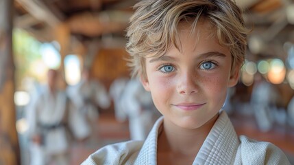 A young boy with blue eyes and blonde hair in karate gi in a dojo setting