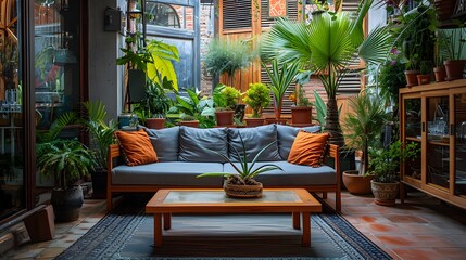 Cozy Balcony Retreat with Lush Greenery and Comfortable Furnishings