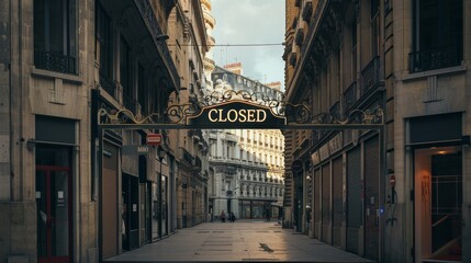 Storefront with Hanging Signs Closed by Economic Crisis