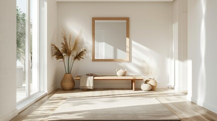 A bright and minimalistic entryway with white walls and light wooden flooring. The space features a simple bench, a small table with a few decorative items, and a large mirror. Natural light from