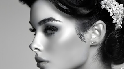 Obraz premium Captivating Close Up of an Elegantly Coiffed and Accessorized Woman in a Stunning Black and White Portrait