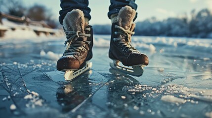Close-up of ice skates on a frozen lake, capturing the essence of winter sport, adventure, and outdoor activity on a crisp, clear day.