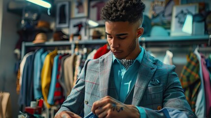 Biracial male designer creating fashion in studio. - Powered by Adobe