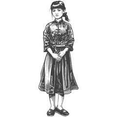 asian girl alone body with old engraving style