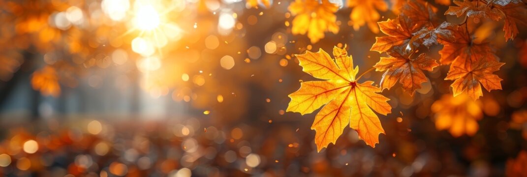 yellow maple leaves gently swirling in a city park on a calm autumn morning, bathed in sunlight with a hint of fall approaching ample space for text - Powered by Adobe