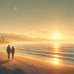 Fototapeta premium Heartwarming illustration of friends walking hand in hand along a beach at sunset, rendered in a soft, nostalgic art style reminiscent of vintage postcards. Friendship Day.