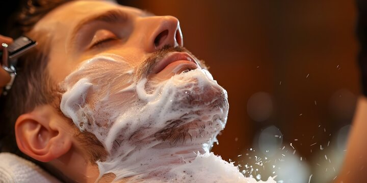 Man getting a shave at a barber shop. Concept Barber shop experience, Straight razor shave, Traditional grooming, Men's grooming services