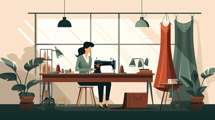 Visualize a tailor sewing clothes in a minimalist tailor shop, with a sewing machine and fabric, in flat design