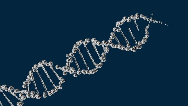 animation of DNA strand forming procces  from particles and molecules than rotating and dispersing back into molecules at the end, dark blue background