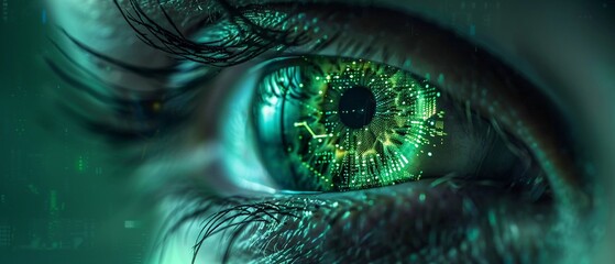 Futuristic eye with glowing green holographic elements, dark background, high contrast, cyberpunk style, detailed illustration 8K , high-resolution, ultra HD,up32K HD