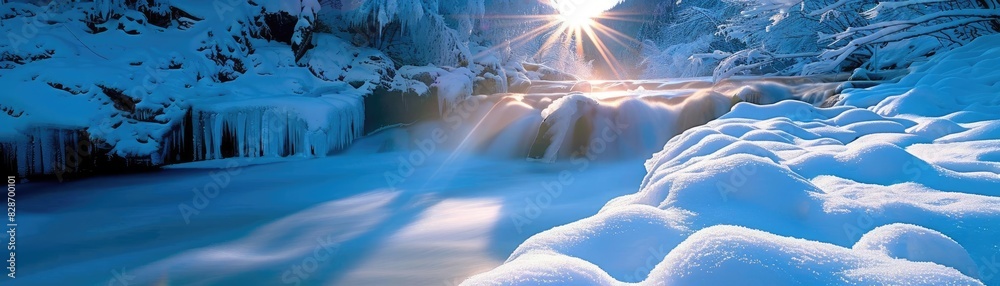 Poster breathtaking winter landscape with a snow-covered river and sunbeams breaking through the trees crea