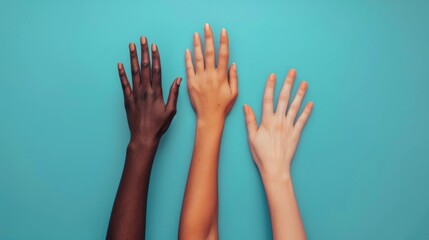 Colorful cut out paper hands of different skin colors reaching up on a blue background.