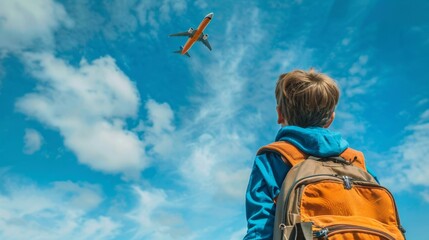 Silhouette of Schoolchild with Dream of Becoming an Astronaut, Graduation Season 4K Wallpaper. Childhood Aspiration and Blue Sky with Flying Airplane.