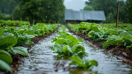 A vegetable garden flooded with heavy rain with a dark rainy scenery and a big space for text or...