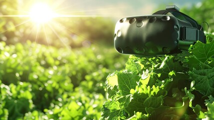 Farmers using VR to train on sustainable practices, futuristic tech, digital illustration, clean lines, bright