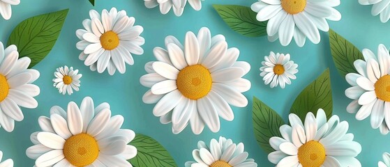 Cheerful daisy pattern, white flowers with yellow centers and green leaves, seamless light blue background, simple and vibrant 8K , high-resolution, ultra HD,up32K HD