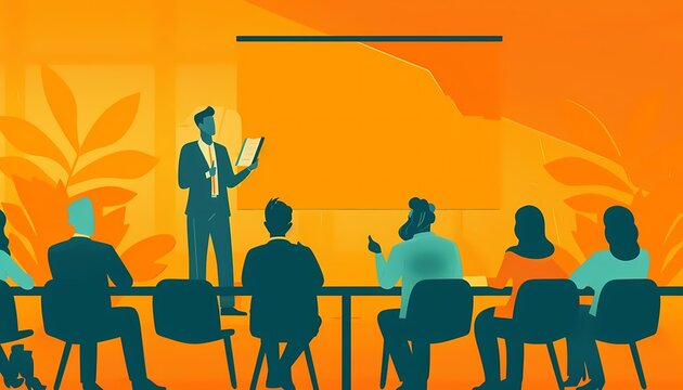 Imagine a flat design of an HR manager facilitating a leadership development program