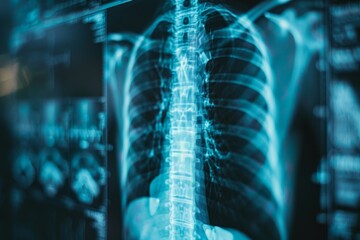 X-ray technology utilizes radiographic imaging for diagnostic purposes in the medical field, with a futuristic backdrop.