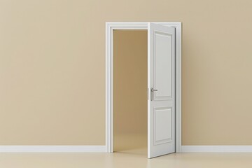 The concept of opportunity portrayed through simplicity: a single open door against a muted beige backdrop, symbolizing the gateway to new possibilities.