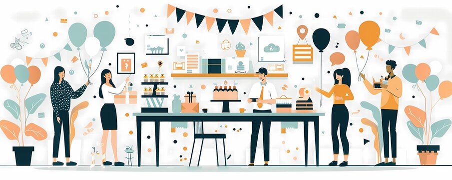 See a flat design of a team celebrating an employees work anniversary