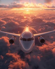 A sleek silver airplane soars through a vibrant sunset sky, its wings glinting in the golden light
