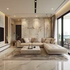 Modern Living Room Interior with Marbled Walls and Plush Sofa