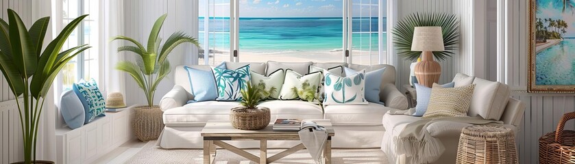 Home decor line inspired by summer themes, coastal visuals, digital art, inviting, colorful