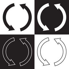 Set of circle arrows rotating on white and black background. Refresh, reload, recycle, loop rotation sign collection. Black circle arrows for infographics, web design.  flat style, clip art.