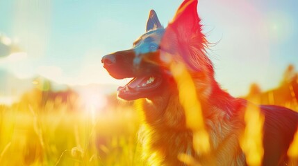 Happy dog playing in summer, close up, focus on, vivid shades, double exposure silhouette with running dog