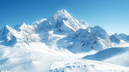 Obraz premium Majestic snowy mountains under a clear blue sky, with sharp peaks and a blanket of fresh, untouched snow glistening in the sunlight