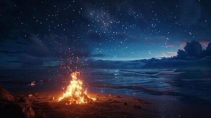 Obraz premium Nighttime beach bonfire with a group of people roasting marshmallows, starry sky overhead, and the sound of crashing waves in the background