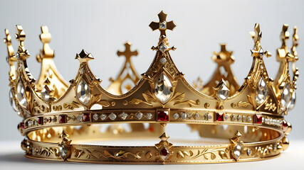 Obraz premium Golden crown, raised, opulent, massive, playful, many details, tapering, medieval, against a white background, Generative AI