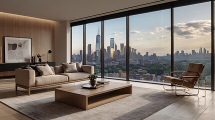 Of coursA modern living room with a fireplace, featuring stylish furniture and large windows, in a luxurious and elegantly designed home