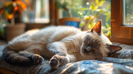 pet relaxation, a siamese cat peacefully relaxing on a cushion by the sunny window, basking in the warmth and coziness - Powered by Adobe