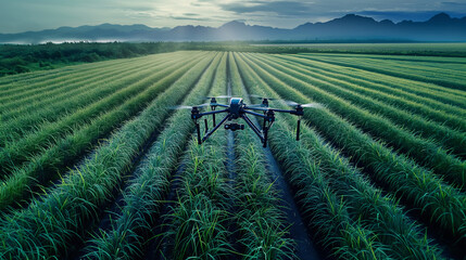 Fototapeta premium Agricultural drones, smart farms, spraying chemical fertilizers in rice fields, an innovation of the 3D smart farming concept, industrial operations.