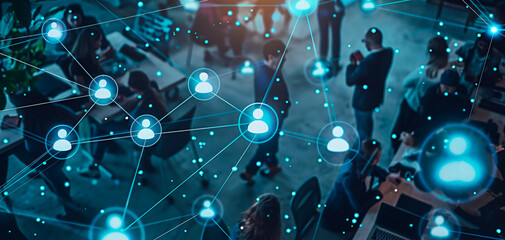 Concept of digital connections and network in corporate communication and business. An abstract network overlay on busy office environment with people walking by.