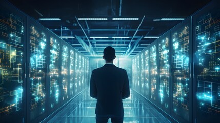 Fototapeta premium Businessman standing in futuristic data center with many server cabinets. Generative AI.
