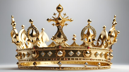 Golden crown, raised, opulent, massive, playful, many details, tapering, medieval, against a white background, Generative AI