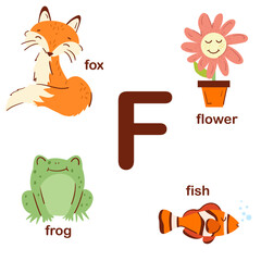 Preschool english alphabet. F letter.  fox, frog, flower, fish. Alphabet design in a colorful style. Educational poster for children. Play and learn.