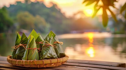Celebrate the Dragon Boat Festival with traditional Chinese Zongzi by the riverside.