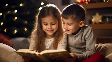 Two children reading a book together during Christmas time, with a beautifully decorated Christmas tree in the background and cozy lighting.
