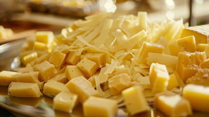 A photorealistic spread of cheese cubes, slices, and shreds ready for a meal, highlighting their rich textures, close up, Gastronomy theme, photorealistic, Multilayer, marble countertop backdrop