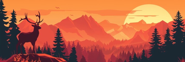 An vector illustration of two deer in the forest, with mountains and trees in the background