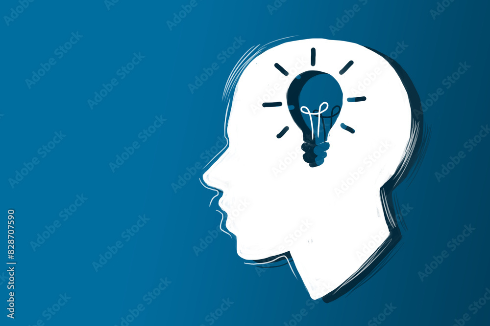 Poster silhouette of a human head with a lightbulb representing an idea, illustrated in a flat style on a b