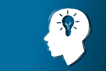 Silhouette of a human head with a lightbulb representing an idea, illustrated in a flat style on a blue background, concept of creativity. 3D Rendering